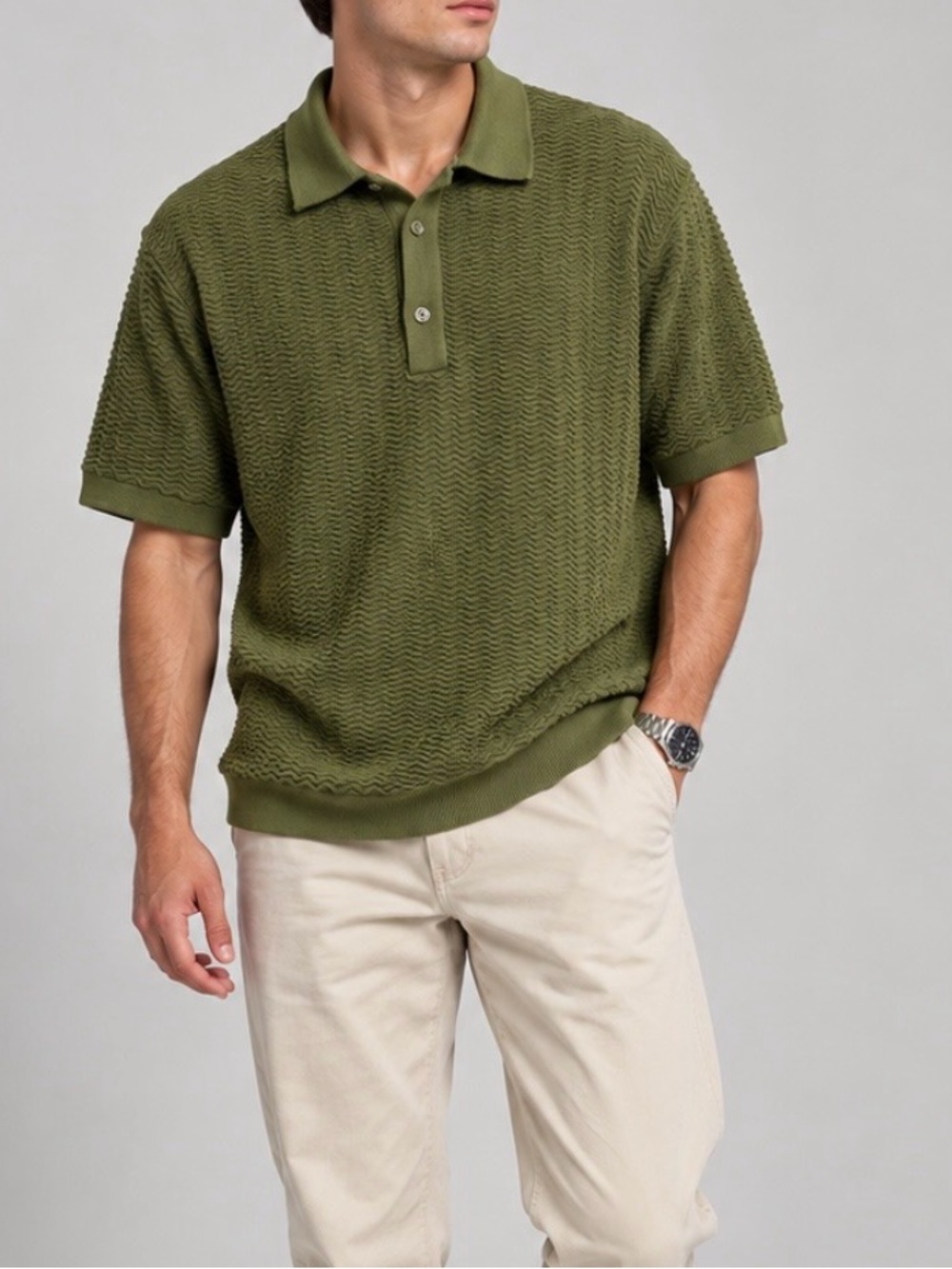 Men's Olive Green Short-Sleeve Textured Polo